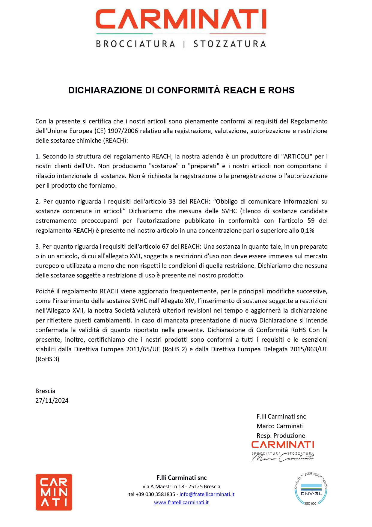 Dichiarazione Conformità Reach e Rohs